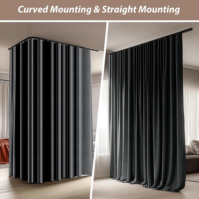 Room Divider Curtains with Ceiling Curtain Track Set Window Curtain for Bedroom,Living Room Total Blackout Thermal Insulated Privacy Ceiling Track Curtain W 15 × H 8 FT Deak-Grey drape&Black track