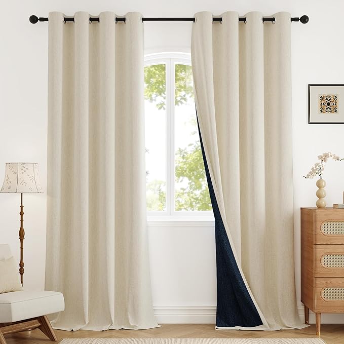 Blackout Curtains 108 inch Length 2 Panels for Living Room, Linen-Look Textured Room Darkening Thermal Insulated Noise Reduction Farmhouse Drapes for Bedroom (W52xL108, Cream)