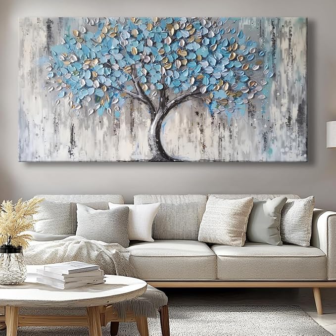 Blue Tree Canvas Wall Art - Modern Botanical Paintings for Living Room, Bedroom Wall Decor, Framed Wall Art for Home or Office Decoration, Large Wall Art 50x100cm(20x40in)