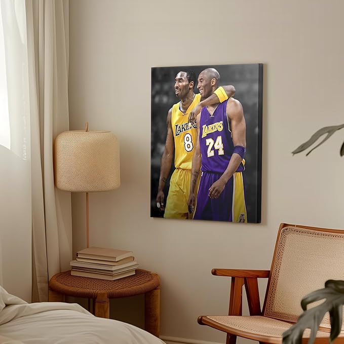 Kobe Bryant Canvas Wall Art Print Poster, Iconic Basketball Player Dual-Era Tribute Artwork, No. 8 and No. 24 Jersey Mamba Mentality Wall Decor for Home Gym Dorm Office Living Room, Framed 8x10inch