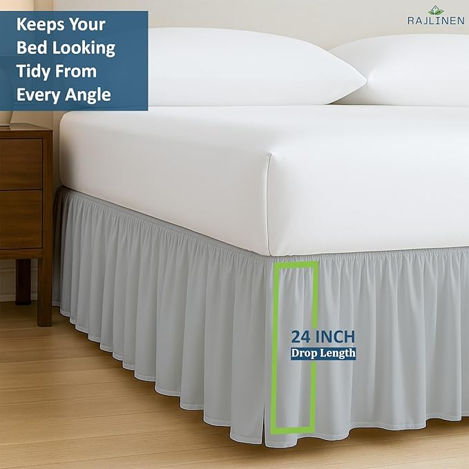 Rajlinen Ruffled Bed Skirt California King, 24 Inch Drop Dust Ruffle with Split Corners, 100% Microfiber Bedskirt with Platform, Three-Sided Coverage Ruffled Gathering Design, Light Grey