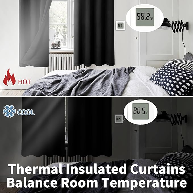 BGment Thermal Insulated 100% Blackout Curtains for Bedroom with Black Liner, Double Layer Full Room Darkening Noise Reducing Grommet Curtain (52 x 84 Inch, Black, 2 Panels)