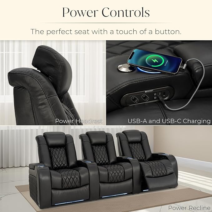Seatcraft Diamante Zero-Gravity CoolZero Italian Leather Home Theater Seating, Power Headrest, Power Recline, Row of 2 Loveseat, Black