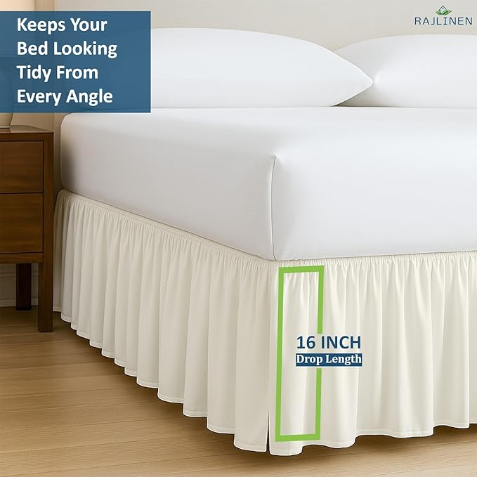 Rajlinen Ruffled Bed Skirt King, 16 Inch Drop Dust Ruffle with Split Corners, 100% Microfiber Bedskirt with Platform, Three-Sided Coverage Ruffled Gathering Design, Ivory