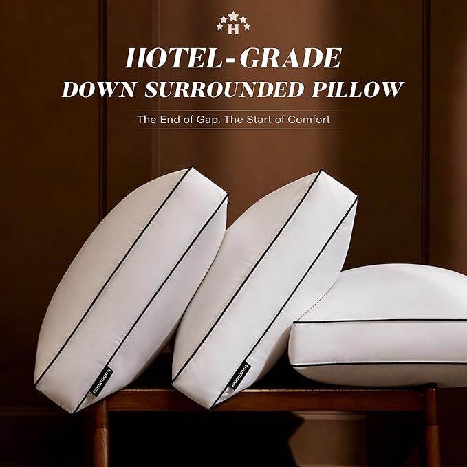 Firm Goose Feather Down Pillow Standard Size Set of 2, Down Surrounded Hotel Collection Bed Pillows for Sleeping with 3 Inch Gusset, 2 Pack, Fluffy Plush for Side Sleepers 20x26 in.