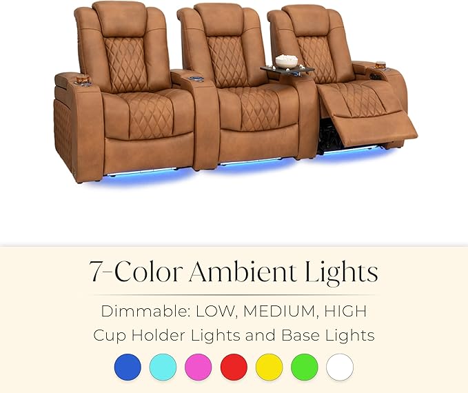 Seatcraft Diamante Zero-Gravity CoolZero Italian Leather Home Theater Seating, Power Headrest, Power Recline, Row of 3 Sofa, Tawny