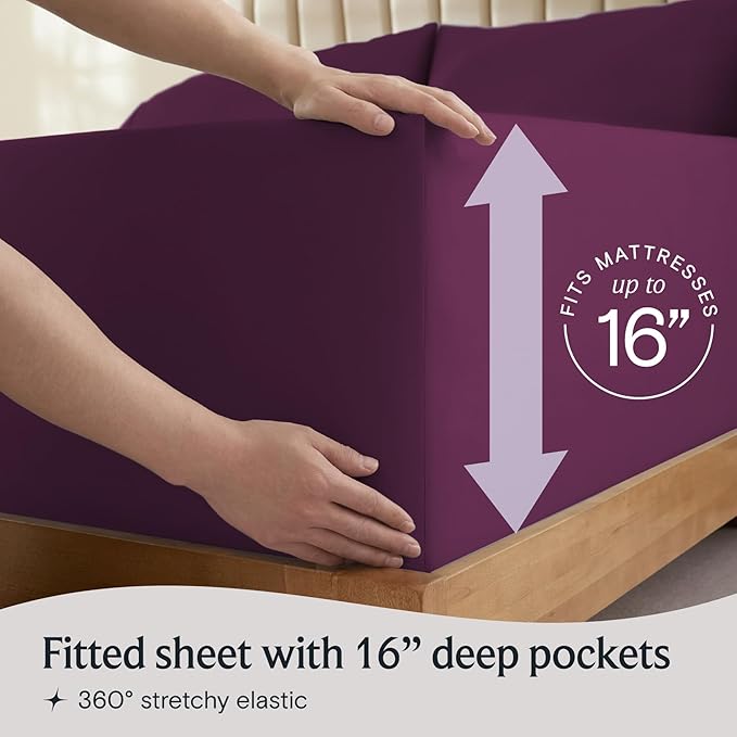 LuxClub 4 PC California King Sheet Set, Deep Pockets Wrinkle Free Cooling Bed Sheets Hotel Bedding for Women, Men, Includes 1 Fitted Sheet, 1 Flat Sheet and 2 Pillowcases-Soft Eggplant