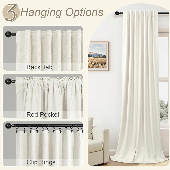 Pitalk 72 Inch Curtains for Living Room Black Out Linen Back Tab Loops Room Darkening Blackout Thermal Insulated Curtain for Bedroom 72 Inch Length 2 Panels Set Cream Ivory Off White Wide 38 x 72 Long