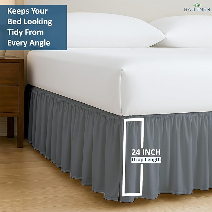 Rajlinen Ruffled Bed Skirt Twin, 24 Inch Drop Dust Ruffle with Split Corners, 100% Microfiber Bedskirt with Platform, Three-Sided Coverage Ruffled Gathering Design, Dark Grey