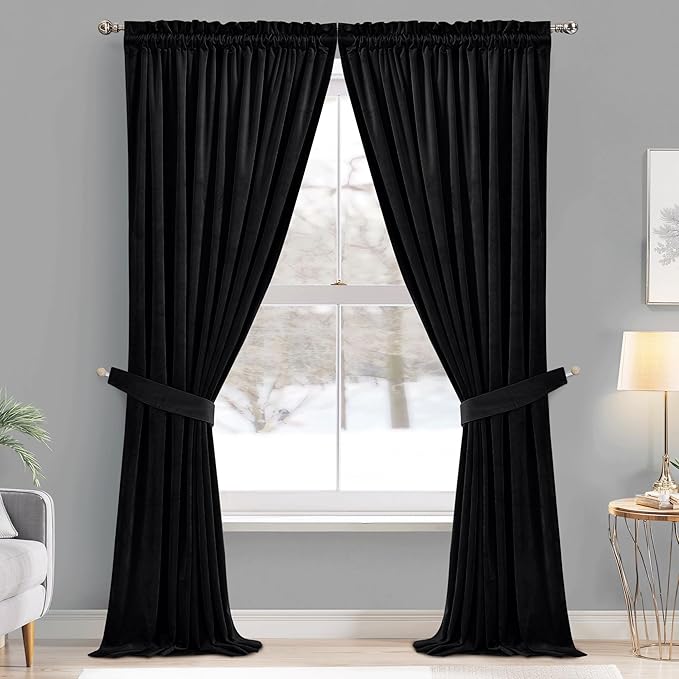 StangH Black Velvet Curtains for Sliding Door Living Room Rod Pocket Blackout Thermal Insualted Window Drapes for Theater/Studio Room/Bedroom, W62 x L84, 2 Panels