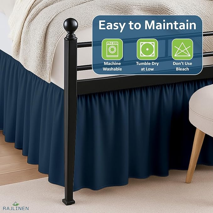 Rajlinen Ruffled Bed Skirt King, 10 Inch Drop Dust Ruffle with Split Corners, 100% Microfiber Bedskirt with Platform, Three-Sided Coverage Ruffled Gathering Design, Navy Blue