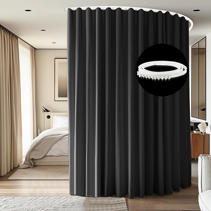 Room Divider Ceiling Mounted Curtains Track Sets Extra Wide Blackout Curtain Flexible Tracks for Bedroom Privacy Partition Separator,1 Panel Black Drape and White Rail, W12.5 x H10ft