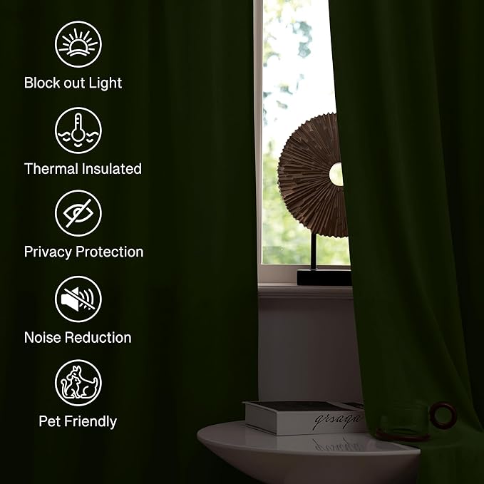 StangH 62 inches Wide Green Velvet Curtains for Bedroom, Luxury Room Darkening Noise Reducing Window Treatment Moss Green Christmas Curtains for Doorway/Office, W62 x L90, 2 Panels