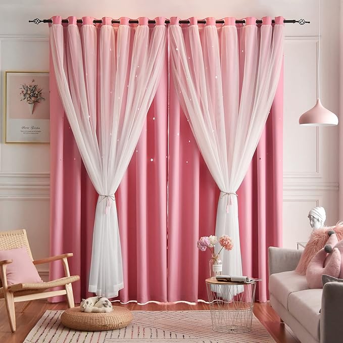 Star Curtains Double Layer Curtains Blackout Curtains for Bedroom Kids Curtains Cute Curtains, Curtains 63 Inches Long 2 Panels Set, Pink Curtains, 42 X 63 Inches