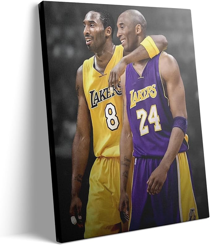 Kobe Bryant Canvas Wall Art Print Poster, Iconic Basketball Player Dual-Era Tribute Artwork, No. 8 and No. 24 Jersey Mamba Mentality Wall Decor for Home Gym Dorm Office Living Room, Framed 8x10inch