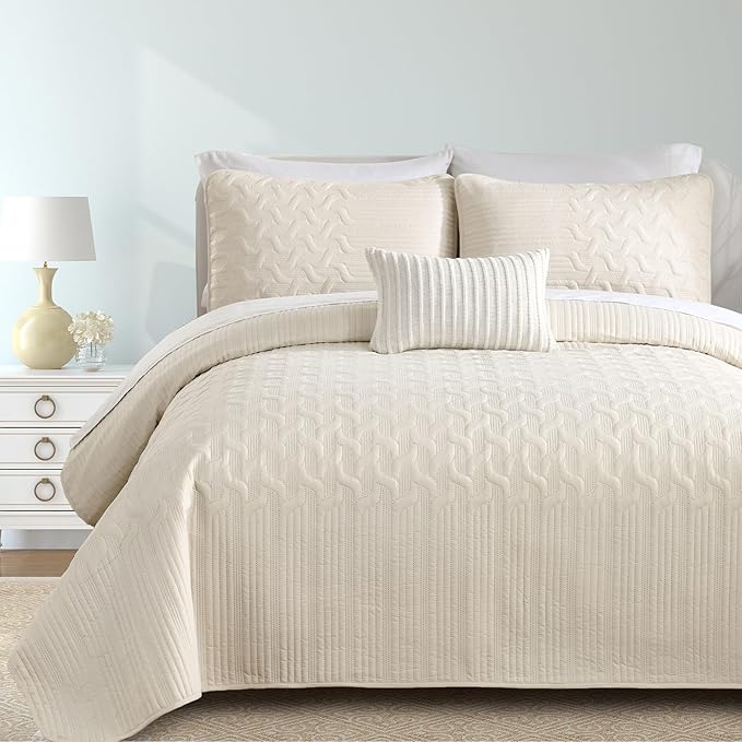 Yiran Beige Quilt Set Queen Size Lightweight Bedspread Ultrasonic Wave Pattern Soft Microfiber Coverlet for All Season Modern Style 3 Piece Bed Cover Sets with 2 Pillow Shams (96"x90")