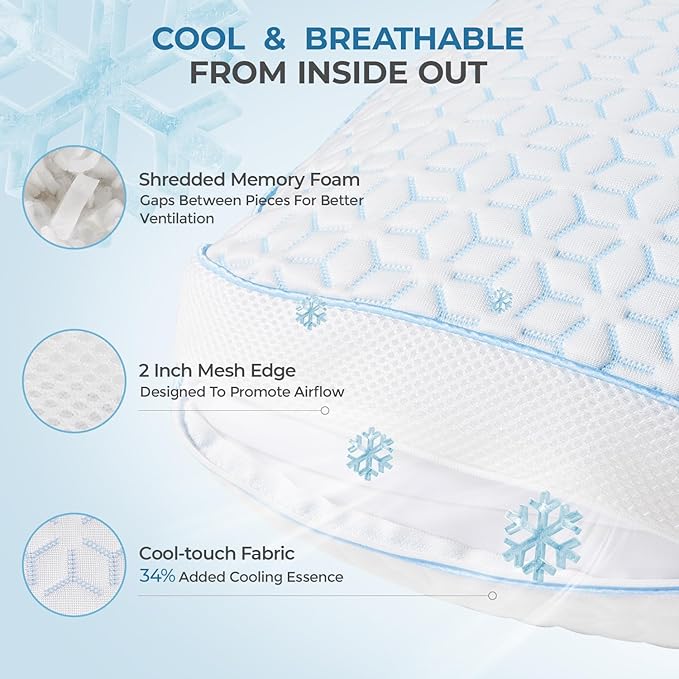 Sweetnight Cooling Pillows King Size Set of 2, Shredded Memory Foam Pillows 2 Pack for Hot Sleepers, Cold Bed Pillows for Sleeping, Washable with Removable Cover, Cool Night