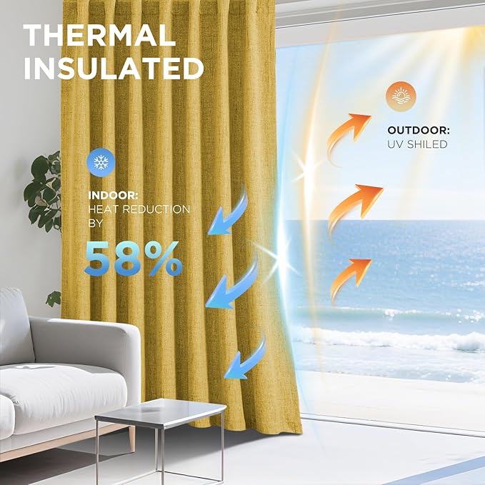 Joydeco Blackout Curtains for Bedroom - 100% Light Blocking 2 Panels Set Yellow Drapes 66" W x 96" L, Thermal Insulated Room Darkening Curtains, Linen Textured for Living Room, Rod Pocket & Back Tabs