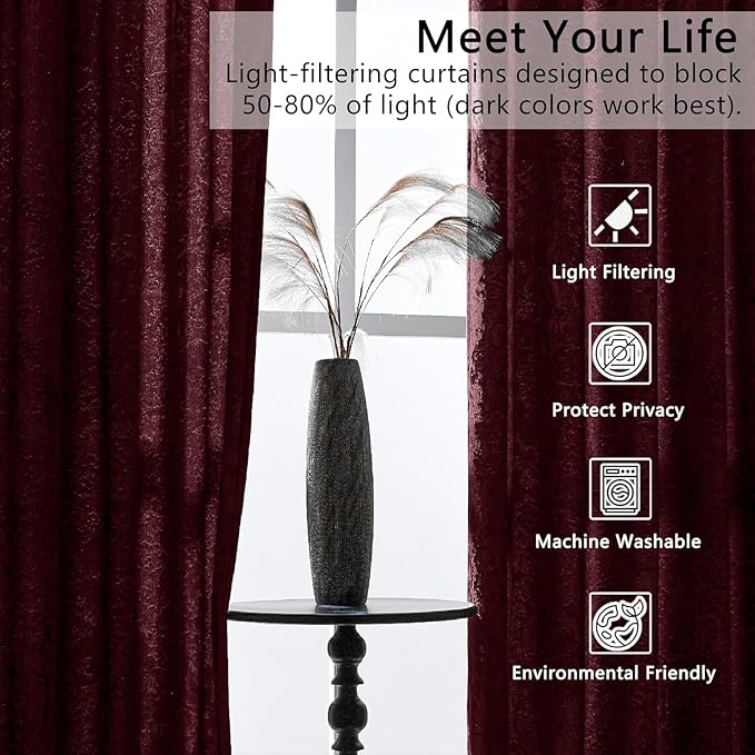 SMILETIME Burgundy Red Crushed Velvet Curtains 52x84 inch Luxurious Thermal Insulated Soundproof Drapes for Living Room Bedroom Office Soft and Durable Light-Filtering Window Treatments, 2 Panels