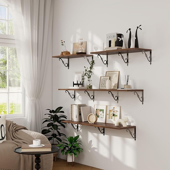Dreamland Deep Floating Shelves, 48" W x 12" D Wall Shelves Set of 2, Wide Display Shelf Wall Mounted with Brackets, Bookshelf for Living Room, Bathroom, Bedroom, Walnut