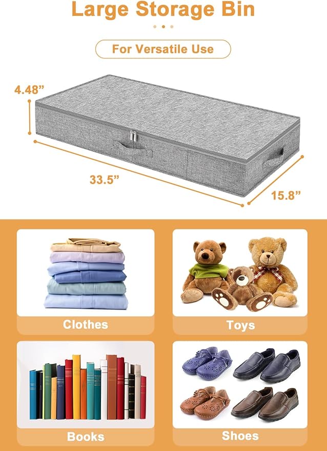 punemi Under Bed Storage Containers, 2 Pack 4.5 Inch Tall Low Profile Underbed Clothes Storage Organizer Bin with Sturdy Side & Bottom Support, Use as Clothes Organizer, Pillow and Blanket Organizer