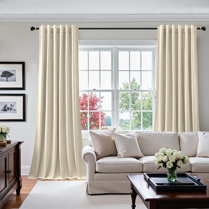 Ivory Velvet Curtains 96 Inches for Bedroom, Thermal Insulated Super Soft Room Darkening Sound Reducing Velvet Curtain Privacy Drapes for Living Room, Back Tab Rod Pocket, W52 x L96, 2 Panels