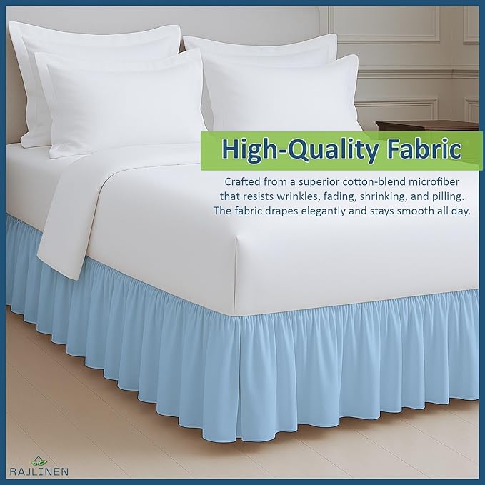 Rajlinen Ruffled Bed Skirt Twin XL, 12 Inch Drop Dust Ruffle with Split Corners, 100% Microfiber Bedskirt with Platform, Three-Sided Coverage Ruffled Gathering Design, Light Blue