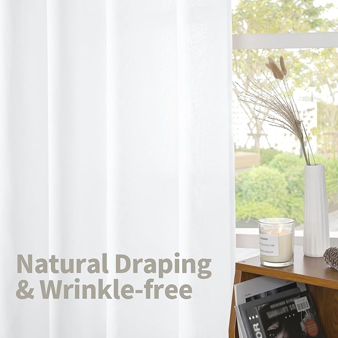 YoungsTex White Linen Semi Sheer Curtains for Living Room 52 X 72 Inch, Bronze Grommet Textured Window Drapes Light Filtering for Dining Room Bedroom, 2 Panels