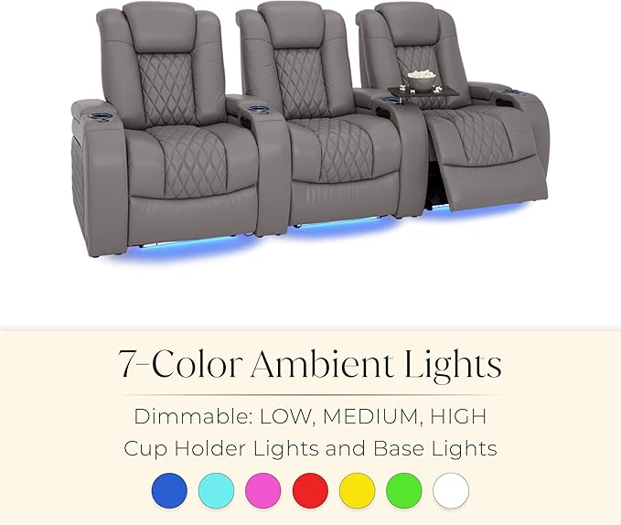 Seatcraft Diamante Zero-Gravity CoolZero Italian Leather Home Theater Seating, Power Headrest, Power Recline, Single Recliner, Gray