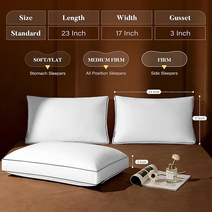 Flat Thin Goose Feather Down Pillows Standard Size Set of 2, Soft Down Surrounded Hotel Collection Bed Pillow with 3 Inch Gusset, 2 Pack, Plush for Stomach, Back Sleepers 20x26 in.