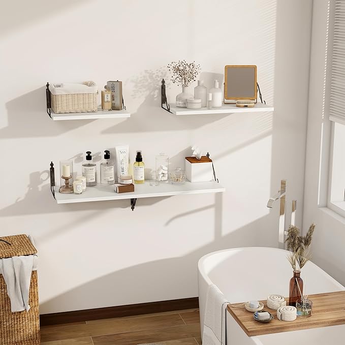Dreamland Deep Floating Shelves, 36" W x 12" D Wall Shelves Set of 2, Wide Display Shelf Wall Mounted with Brackets, Bookshelf for Living Room, Bathroom, Bedroom, White