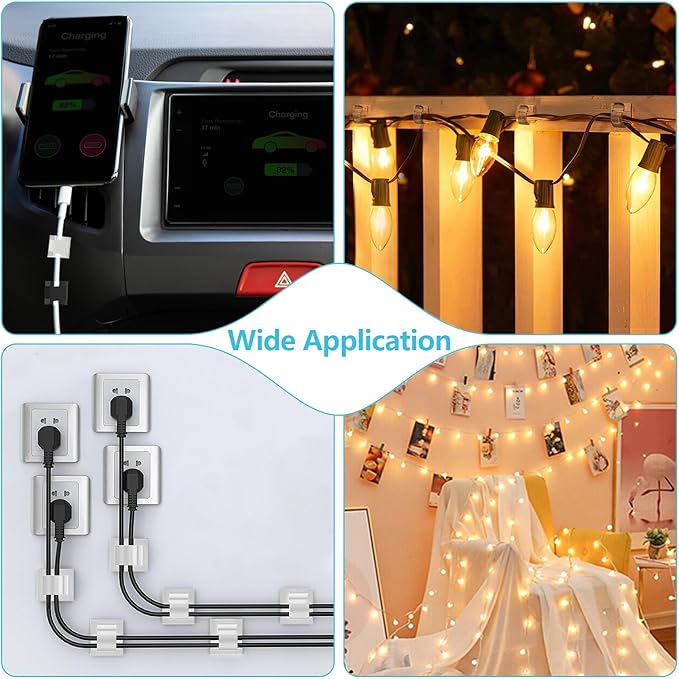 100PCS Cable Clips, Adhesive Wire Clips Organizer Cord Clips Management, Cable Staples Outdoor Strong for Wall, Desk, Christmas Lights, String Lights, TV PC Ethernet Cable, Clear Large