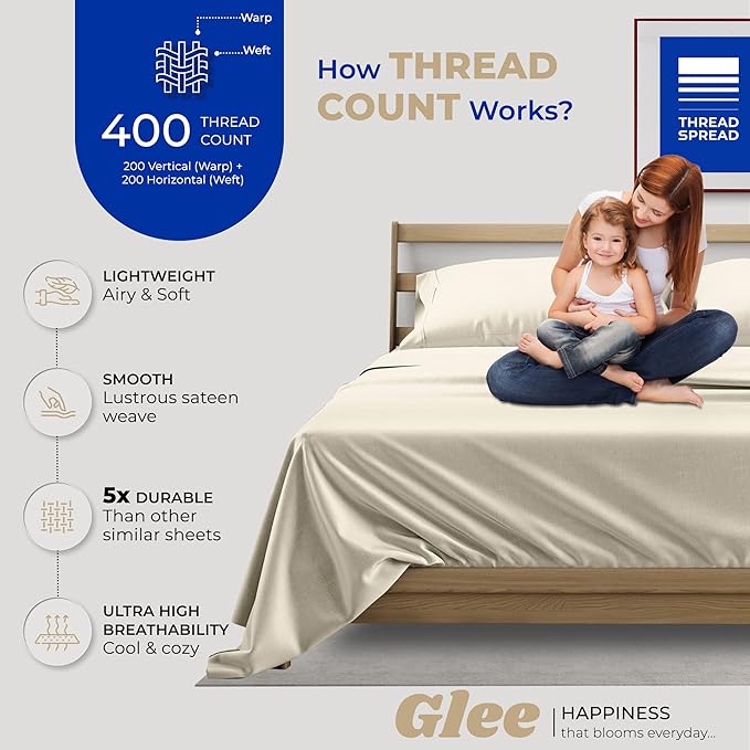 THREAD SPREAD 2-Pack Twin XL Sheet Sets Cotton - 400 Thread Count 100% Cotton Sateen Weave - Soft, Breathable, Hotel Quality Cooling Sheets, 2 Sets of Twin XL Size Deep Pocket Bed Sheets (Ivory)