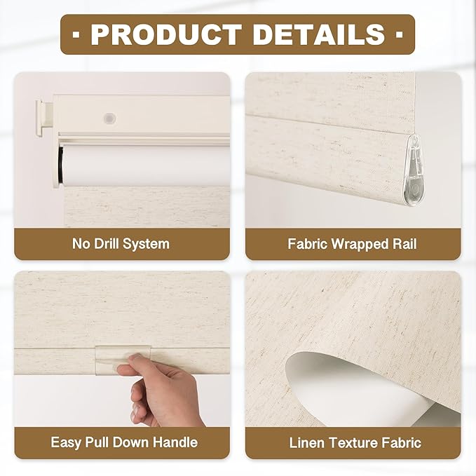 HESTIA No Drill Cordless Blackout Roller Shades Screwless Waterproof Shower Window Blinds, Auto-Retraction Easy Install Blind for Bedroom/Living Room/Kitchen, Cream Linen, 31.5" W x 72" H