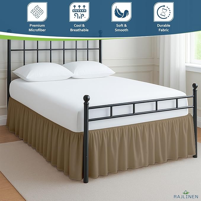 Rajlinen Ruffled Bed Skirt Full XL, 14 Inch Drop Dust Ruffle with Split Corners, 100% Microfiber Bedskirt with Platform, Three-Sided Coverage Ruffled Gathering Design, Taupe