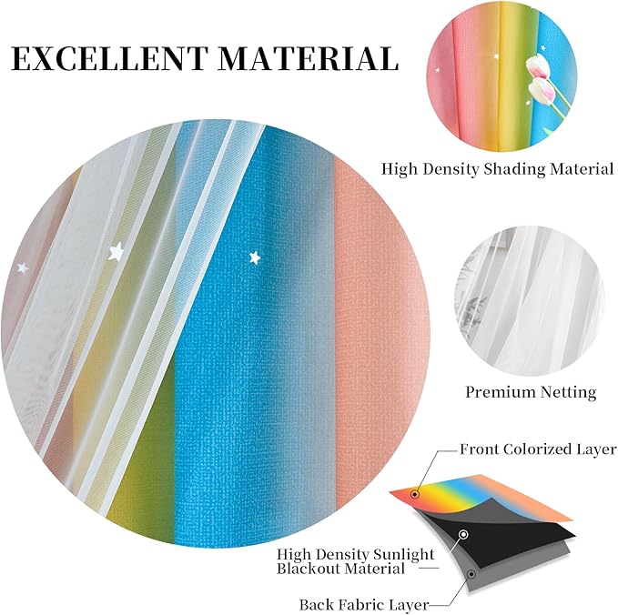 Star Curtains - Blackout & Rainbow Kids Bedroom Curtains, 72 Inch Long, 2 Panels, Red, Yellow & Blue