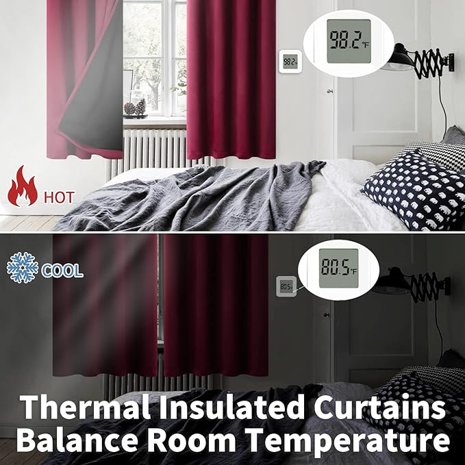 BGment Thermal Insulated 100% Blackout Curtains for Bedroom with Black Liner, Double Layer Full Room Darkening Noise Reducing Grommet Curtain (52 x 63 Inch, Burgundy Red, 2 Panels)