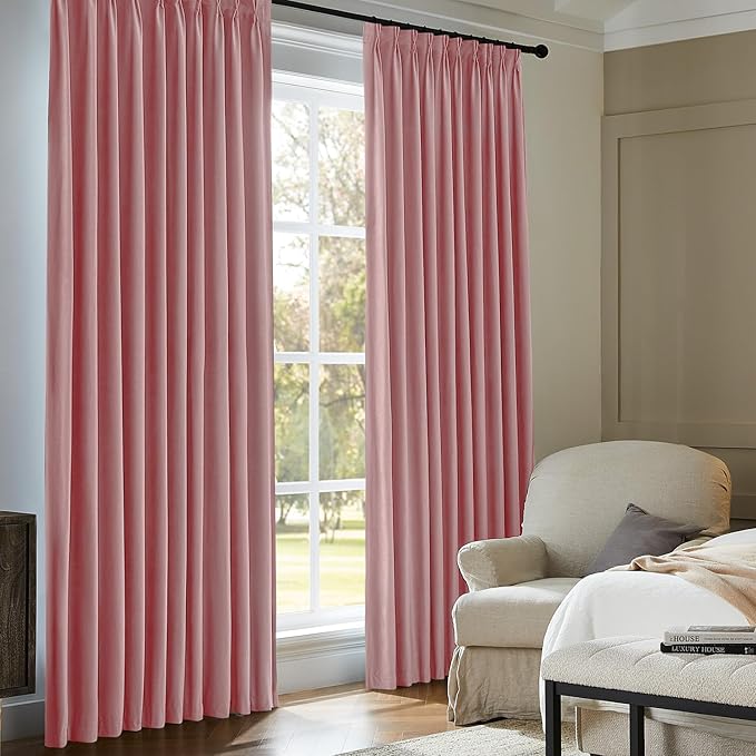 Pinch Pleated 100% Blackout Curtains for Bedroom, Pink Velvet Curtains for Living Room, Black Out Curtain 102 inch Long Room Darkening, Blackout Pinch Pleat Drapes with Hooks 2 Panels