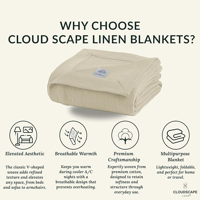 Cloud Scape Linen 100% Cotton Blanket 92x92 Fog - Cozy Herringbone Weave, Fits Up to for Full Size Beds, Breathable Softness, All-Season Warmth, Winter Blanket, for Women