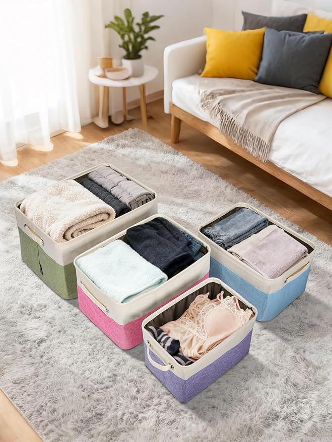 BALEINE 3 Pack Fabric Storage Bins for Shelves, Linen Storage Baskets for Organizing, Decorative Closet Bins for Clothes, Home (Grey, 15"x11"x9.5")