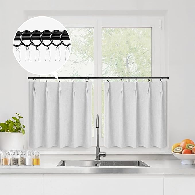 WdFour 24x18 Inch Pinch Pleated Blackout Cafe Curtains - Pack of 2, 100% Light Blocking Back Tab Drapes for Half Windows, Kitchen & Bathroom Short Curtains(Greyish White