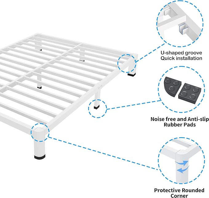 ROIL 7 Inch White Twin Bed Frame with Rounded Corner and Mattress Retainers, 3500LBS Heavy Duty Steel Slats No Box Spring Needed Platform Noise-Free Easy Assembly