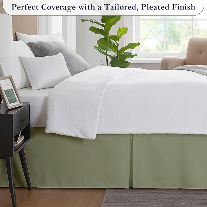 Full Bed Skirt, Luxury 16 Inch Drop Sage Pleated Bed Skirt, Double Brushed Microfiber, Box Pleat Design, Wrinkle & Fade Resistant, Easy Fit Tailored Bedskirt for Full Size Beds