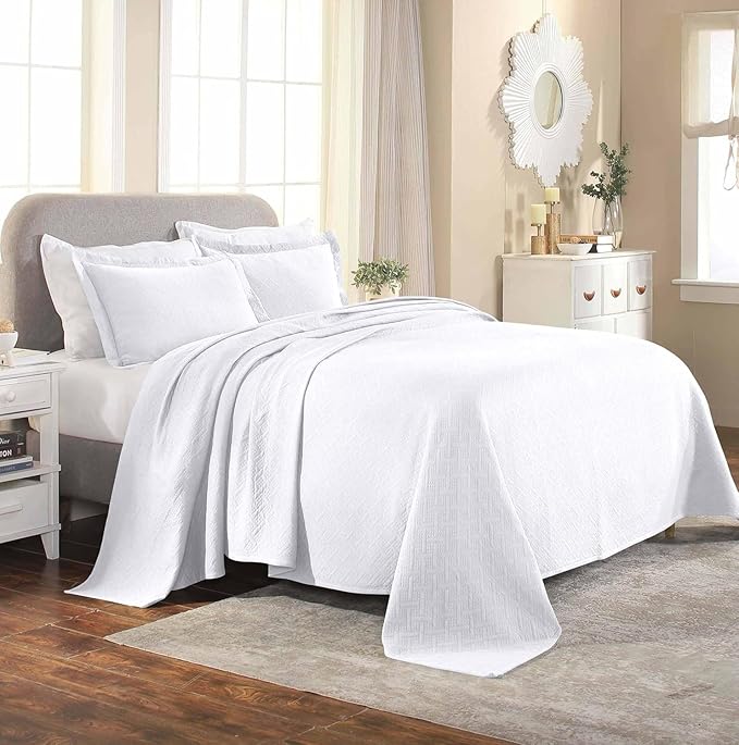 Superior 2 Piece Basketweave Cotton Bedspread Set, Home Bed Decor, Decorative Bed Spread, 1 Pillow Sham, Medium Weight Blanket, Matelasse Coverlet Bedding, Geometric Lattice Pattern, Twin, White