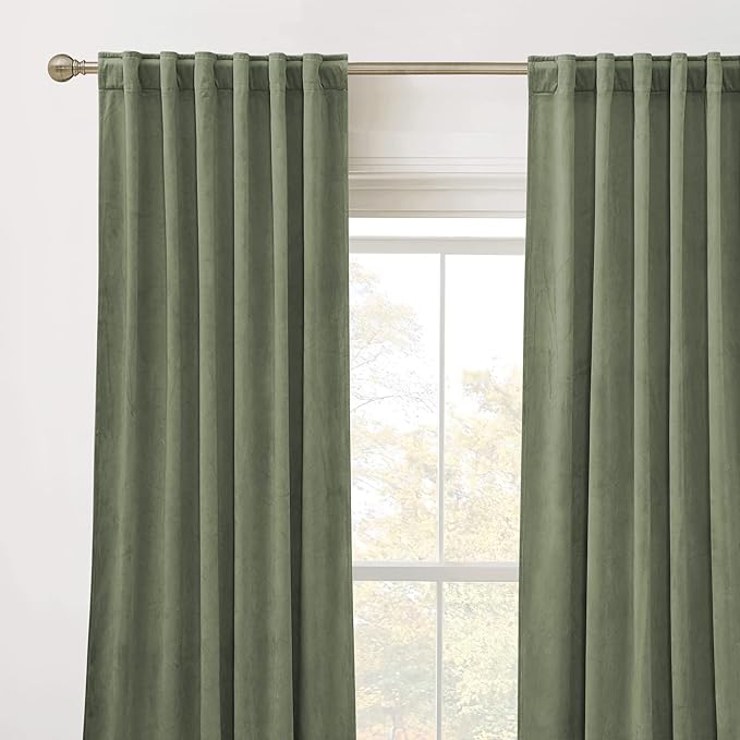RYB HOME Plush Velvet Curtains, Heavy Duty Back Tab Decorative Window Drapes Privacy Room Darkening Covering for Living Room Playroom, Sage Green, W52 x L90 inches, Set of 2 Panels
