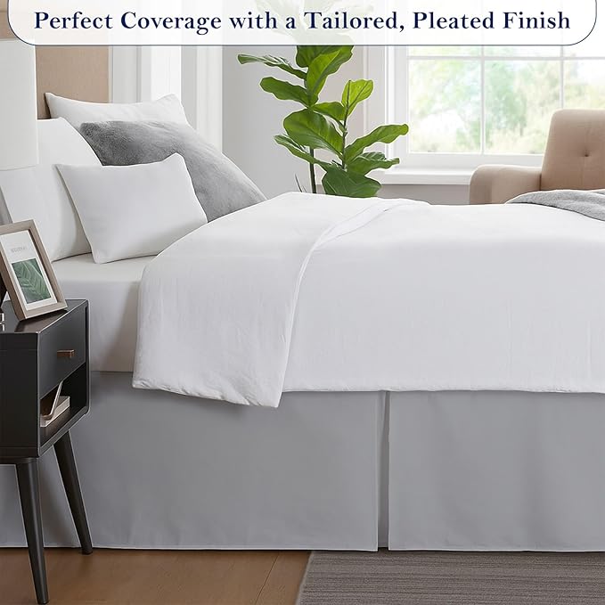 Queen Bed Skirt, Luxury 18 Inch Drop Light Grey Pleated Bed Skirt, Double Brushed Microfiber, Box Pleat Design, Wrinkle & Fade Resistant, Easy Fit Tailored Bedskirt for Queen Size Beds