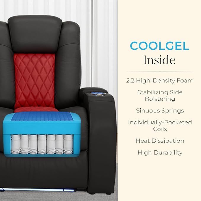 Seatcraft Diamante Zero-Gravity CoolZero Italian Leather Home Theater Seating, Power Headrest, Power Recline, Row of 5 Dual Loveseats, Black/Red