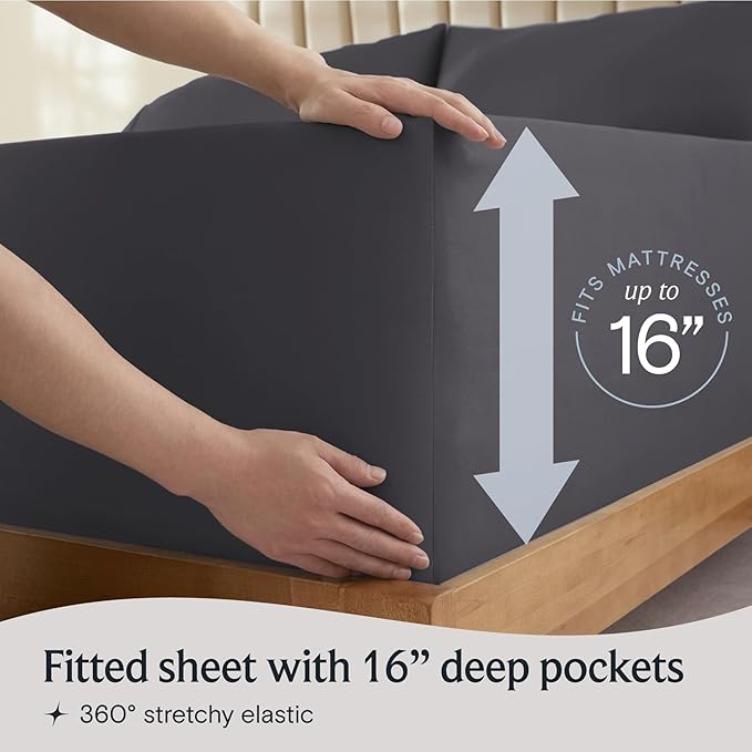 LuxClub 4 PC Queen Sheet Set, Deep Pockets Wrinkle Free Cooling Bed Sheets Hotel Bedding for Women, Men, Includes 1 Fitted Sheet, 1 Flat Sheet and 2 Pillowcases-Dark Grey