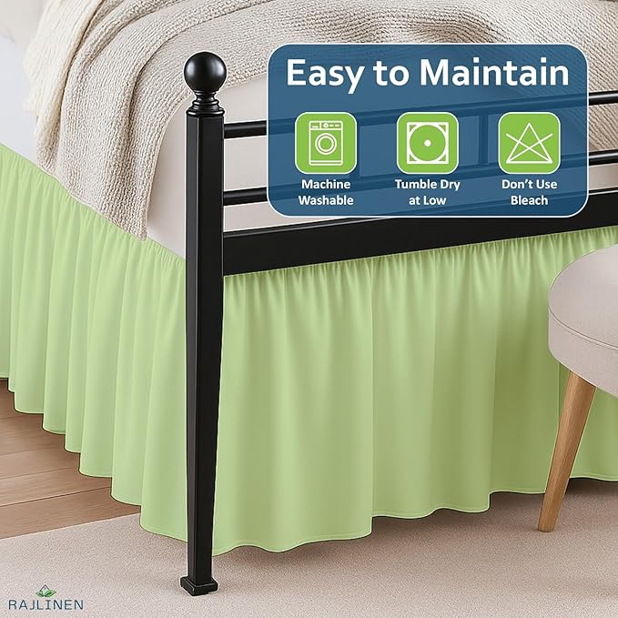 Rajlinen Ruffled Bed Skirt Queen, 24 Inch Drop Dust Ruffle with Split Corners, 100% Microfiber Bedskirt with Platform, Three-Sided Coverage Ruffled Gathering Design, Sage