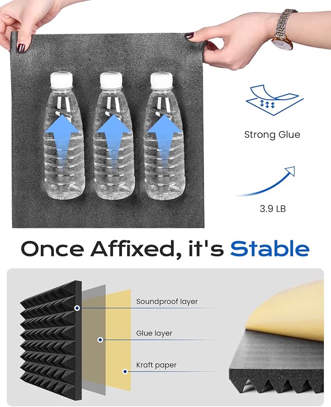 Sonicism Acoustic Panels Self-Adhesive Pyramid 48 Pack,12" X 12" X 1" Sound Proof Foam Panels for Walls Fast Expand,35kg/m³ High Density Soundproof Wall Panels,Sound Absorption and Decoration(Black)